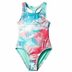 Under Armour Girl's One Piece Blue Pink Swimsuit Crystal Mult Swimwear size 12